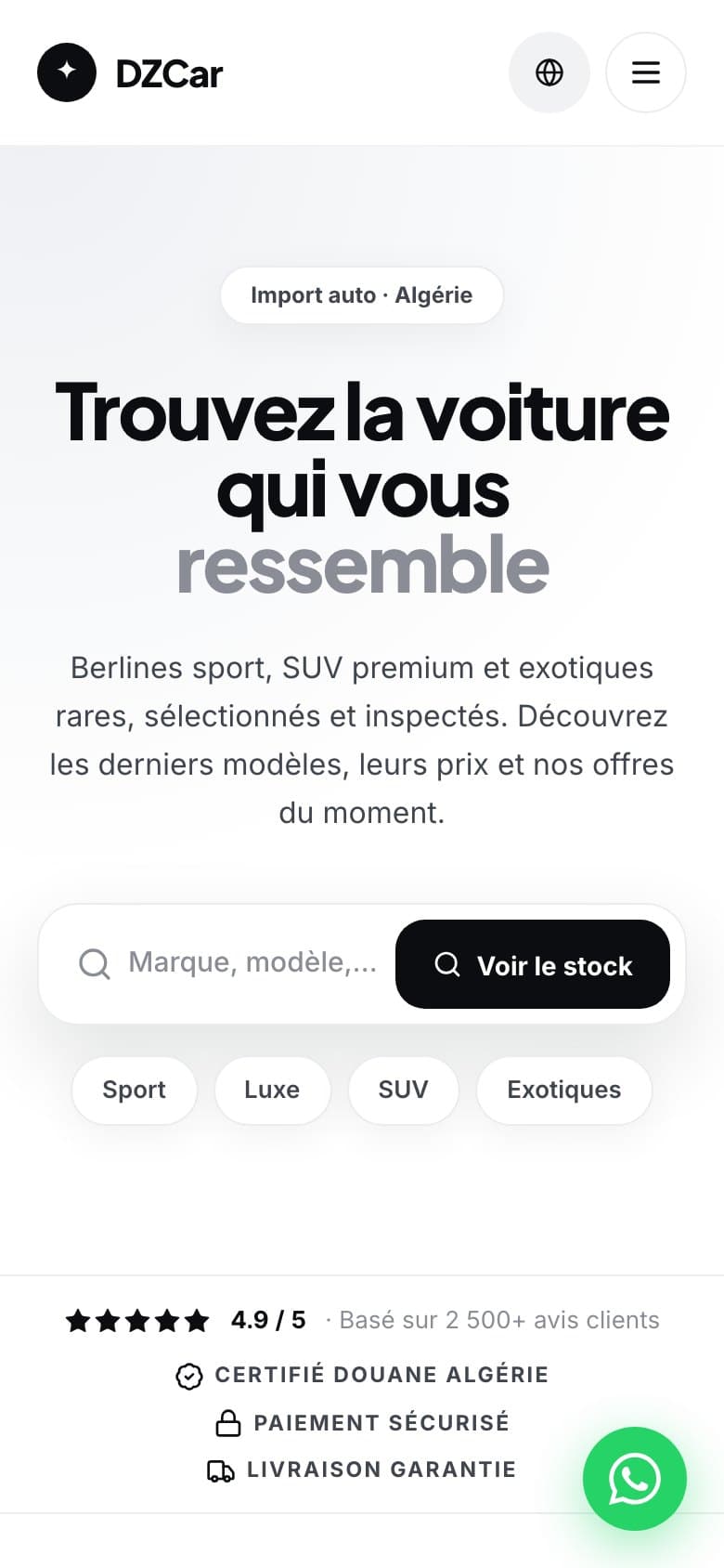 DZCar website on mobile